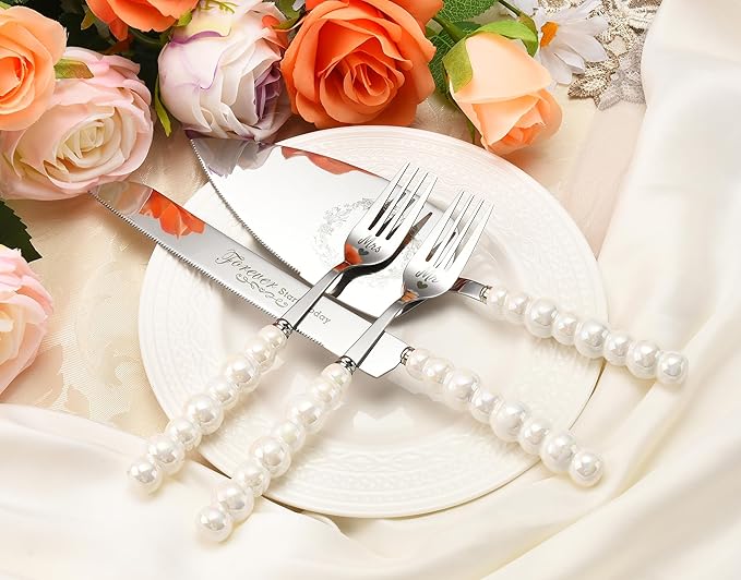 Wedding Cake Knife and Server Set, Ceramic Pearl Handle Cake Cutting Set - Image 3
