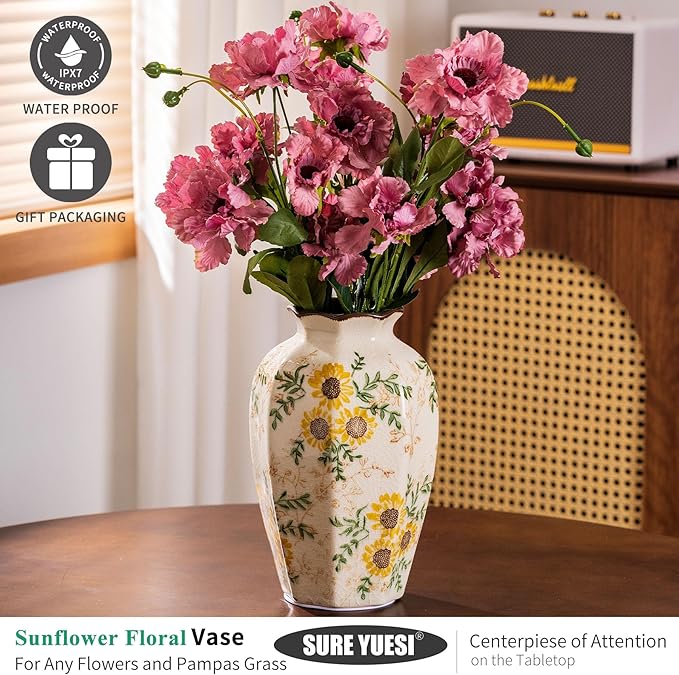 Hand-Painted Sunflower Vintage Ceramic Octagonal Vase, Fireplace Mantle - Image 5