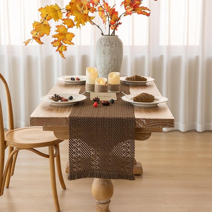 Boho Brown Table Runner for Home Decor 12x72 Inches Farmhouse Macrame Burlap - Image 2