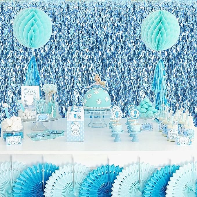 TONIFUL 3Pcs Wavy Metallic Tinsel Foil Fringe Curtains Light Blue Streamer - Image 4