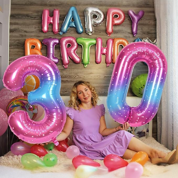 40 Inch Rainbow Large Numbers Balloons 3, Self Inflating Gradient Blue Pink - Image 4