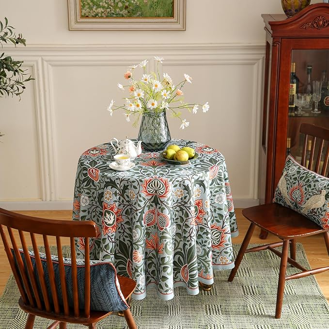 ISAENNE Designer Bohemian Linen Green Round Tablecloth, Floral Indoor Table - Image 8