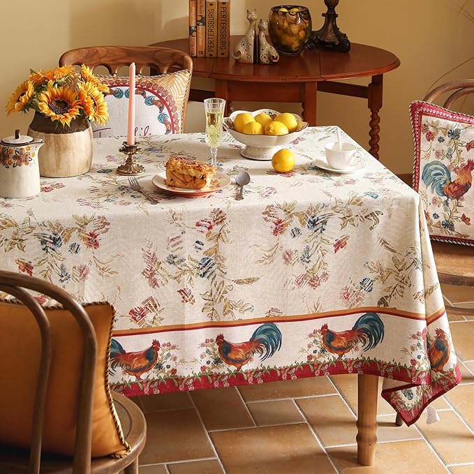 patdrea Designer Linen Red Long Rectangle Tablecloth, Vintage French Animals - Image 4