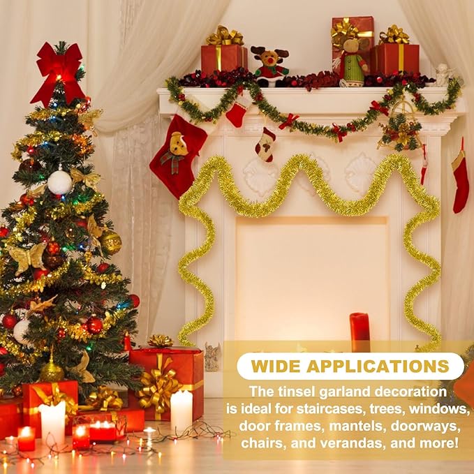 25 Feet Gold Christmas Tinsel Garland, Metallic Foil Twist Banner Wall Hanging - Image 3