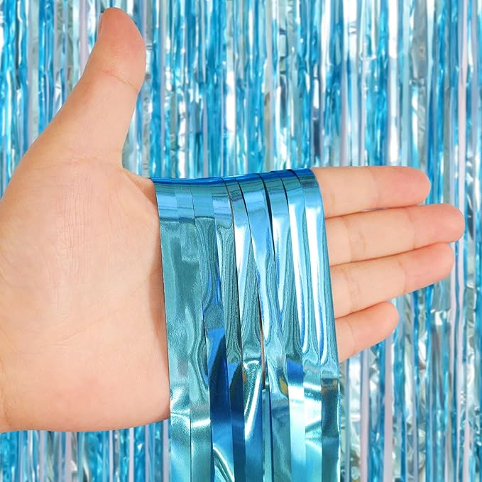 2 Pack Light Blue Fringe Curtains Foil Shiny Fringe Backdrop Tinsel Door - Image 3