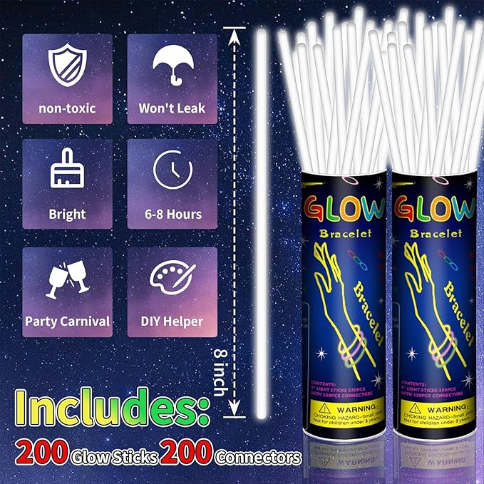 200 Pack 8'' Glow Sticks Bulk Party Favors White Light Up Sticks - Image 2