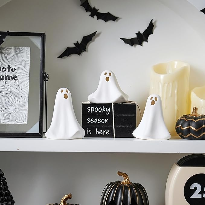 Ceramic Ghost Decor, Battery Powered White Mini Ghost Figurines - Image 3