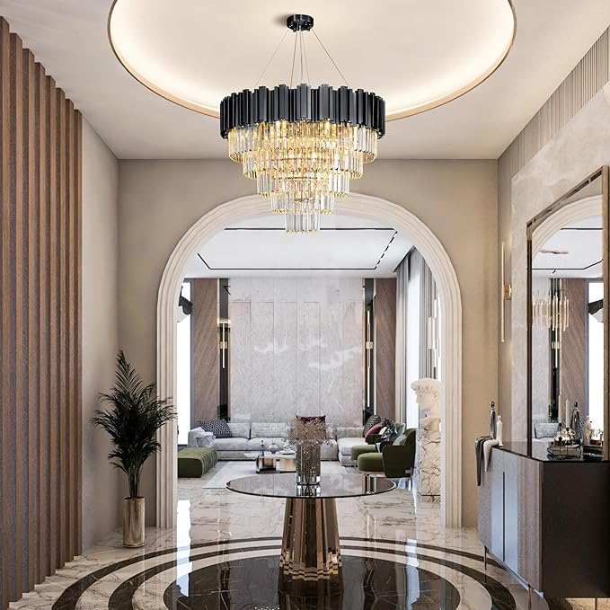 27.5" Black Crystal Chandelier, 9-Light Modern Luxury Round Chandelier - Image 2