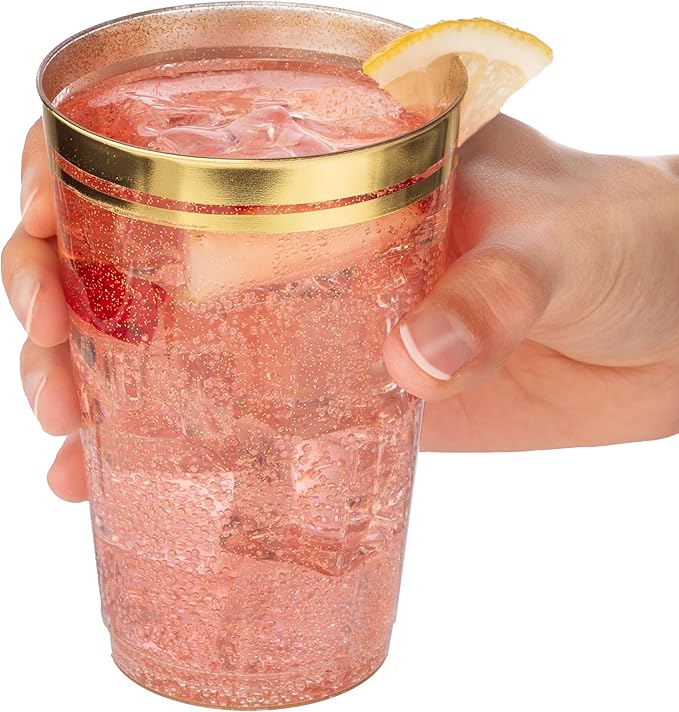 Perfect Settings 100 Premium 14oz Hard Plastic Cups Clear Glitter Gold Plastic - Image 4