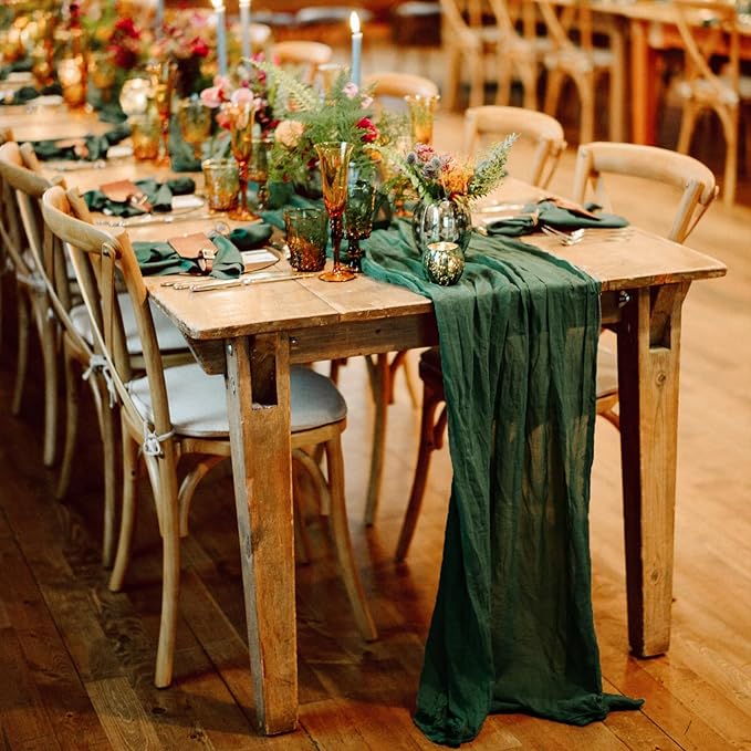 Hahuho Emerald Green Cheesecloth Table Runner 10ft, Gauze Boho Rustic Table - Image 4