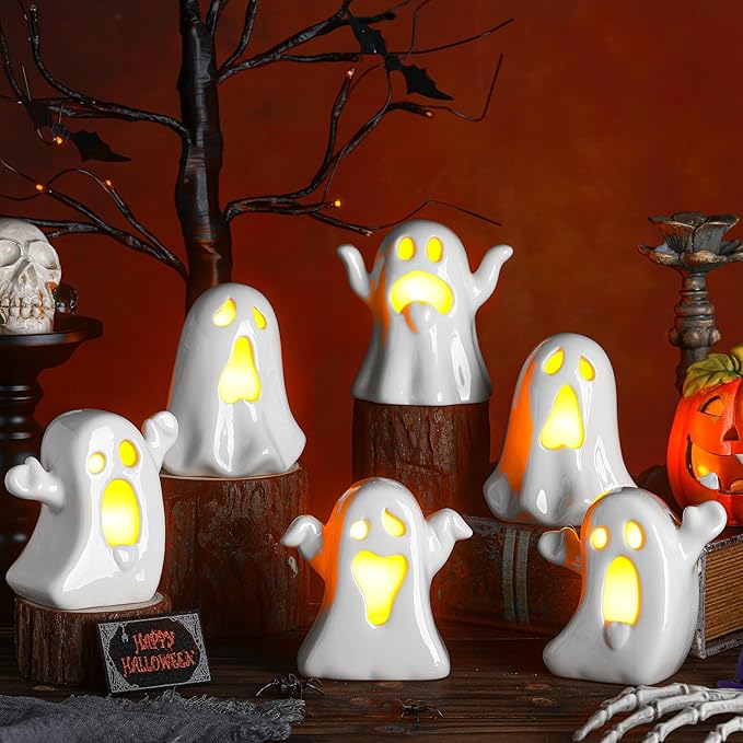 Wesiti 6 Pcs Ceramic Ghost Light up Halloween Decorations Indoor Small White by Unteilti