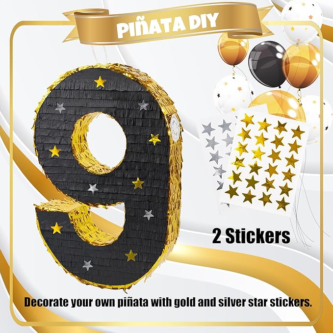 PCFING 20 Inch Number 9 Piñata Gold Black - Image 3