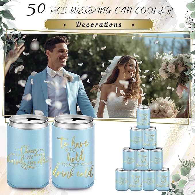 50 Pieces Light Blue Wedding Can Cooler Sleeves Bulk Engagement Party Favors - Image 3