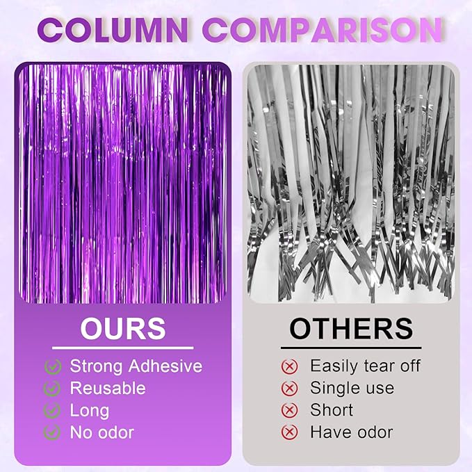 2 Pack Purple Tinsel Foil Fringe Curtains, Metallic Tinsel Party Streamers - Image 3