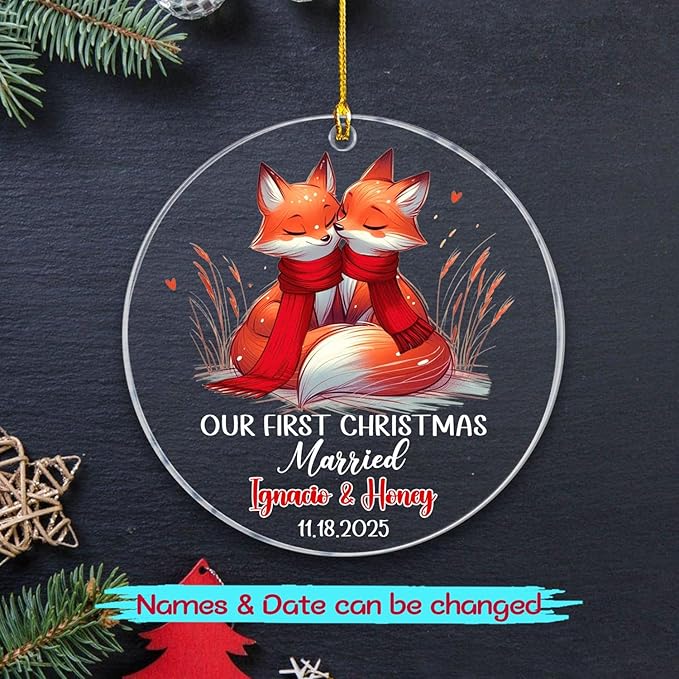 Personalized Date/Name Mr & Mrs Fox Married Christmas Ornament 2025, Our First - Image 2