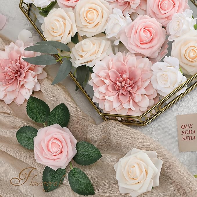 Floweroyal Artificial Pink Flowers Fake Rose Flowers Dahlia - Image 7