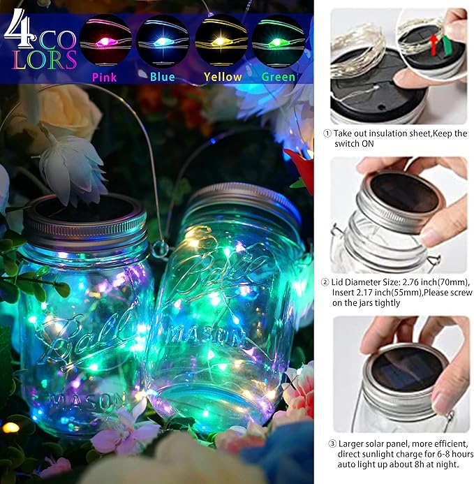 SunKite Solar Mason Jar Lights, 12 Pack 30 LED Waterproof Fairy Firefly Jar - Image 2