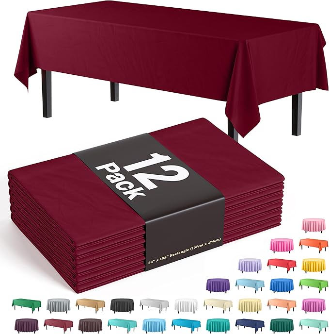 Party Solids Pack of 12 Premium Plastic Tablecloth 54 Inch x 108 Inch Rectangle by Exquisite