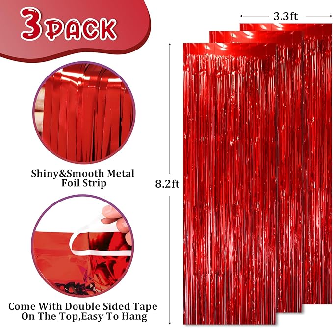 2 Pack Red Tinsel Foil Fringe Curtains, Metallic Tinsel Party Streamers Backdrop - Image 3