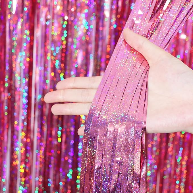 2 Pack Laser Pink Tinsel Foil Fringe Curtains, Mothers Day Pink Decorations - Image 2
