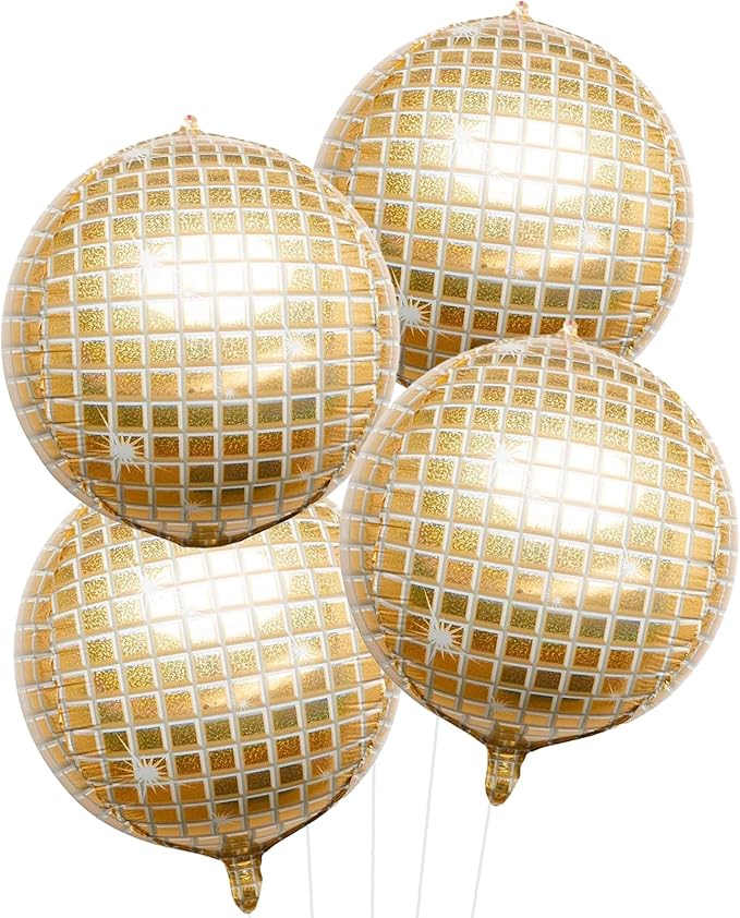 Disco Ball Balloons 4PC, Foil Disco Balloons 22 Inch 4D Round White Gold Balloon by Cledeco