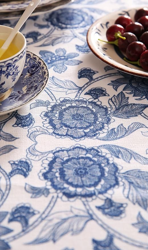 patdrea Designer Vintage Blue Long Rectangle Tablecloth, Linen Anti-Wrinkle - Image 4