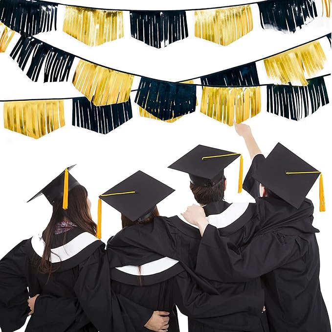 Black and Gold Tassel Banner Double Sided Metallic Fabric Pennant Bunting Flag - Image 5