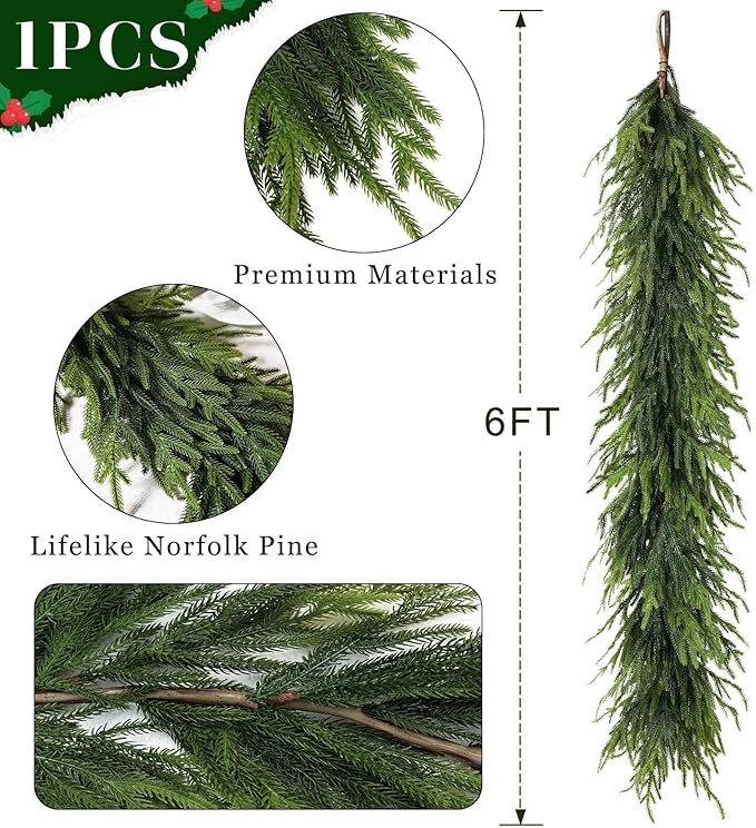 6FT Christmas Artificial Norfolk Pine Garland - Image 6