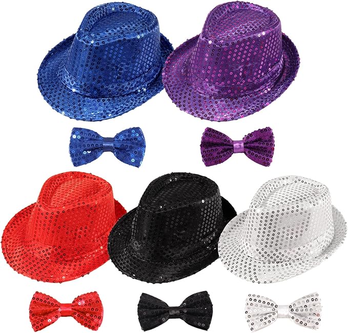 10 Pcs Unisex Sequin Fedora Hat Sequin Bow Ties Set Bling Retro Dance Jazz Cap by Elfcool