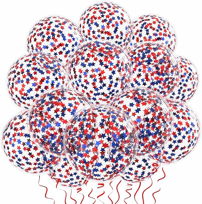 VHUWE 25 Pcs Blue Red Star Confetti Balloons, 12 Inch Clear Latex Balloon by VHUWE
