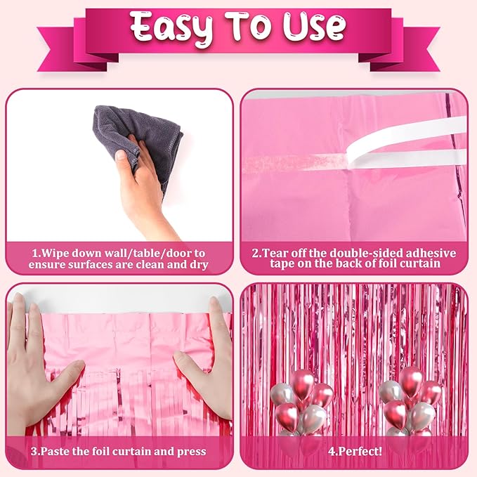 2 Pack Pink Tinsel Foil Fringe Curtains, Metallic Tinsel Party Streamers - Image 4
