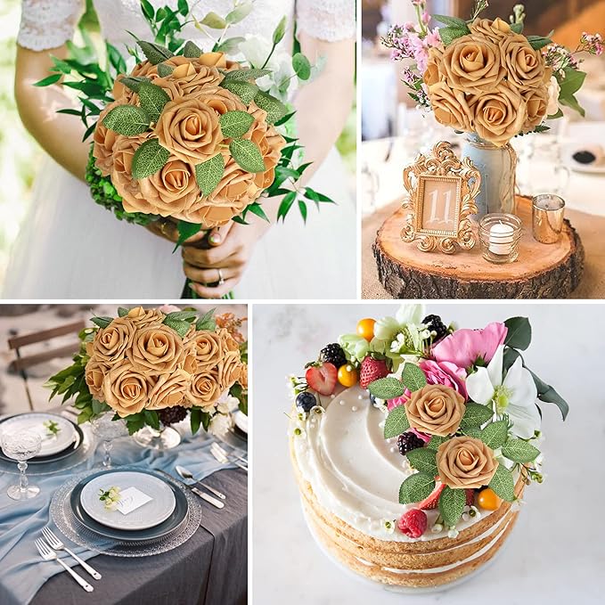 AmyHomie Artificial Flower Gold Rose 25pcs Real Looking Fake Roses w/Stem - Image 5