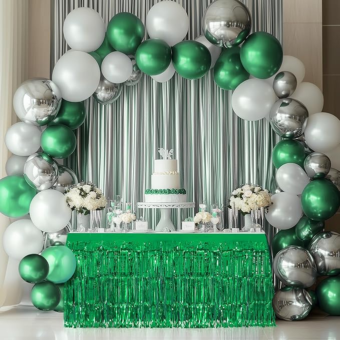 2 Pack Red Green Table Skirts, 29x108" Metallic Foil Tinsel Fringe Table Skirt - Image 2