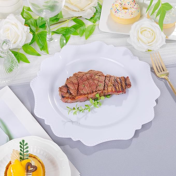COLOSUS 100pcs 9.5 Inch-White Plastic Dinner Plates, Fancy White Plastic Plates - Image 3