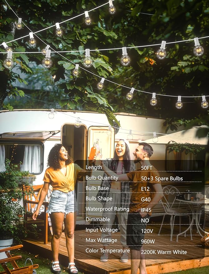 50Ft Outdoor Patio String Lights G40 Connectable Globe Lights - Image 5