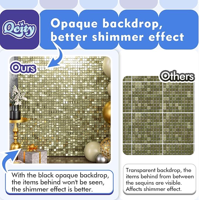 Qcity Light Gold Shimmer Wall Backdrop 24PCS, Square Sequin Glitter Backdrop - Image 9
