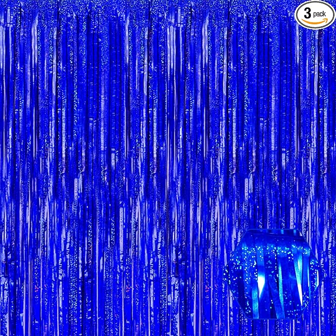 3 Pack Blue Foil Fringe Curtain Backdrop, 3.28Ft x 8.2Ft Metallic Tinsel Foil by Ferwzsr