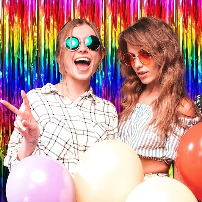 6 Pack Rainbow Foil Fringe Curtain Backdrop, 3.28Ft x 8.2Ft Metallic Tinsel - Image 4