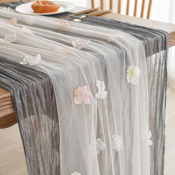 Romantic Artificial Floral Table Runner 10ft Gauze Tulle Lace Table Runner Set - Image 5