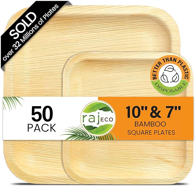 Raj Palm Leaf Plates Disposable Bamboo Plates 10 Inch & 7 Inch Square Bulk by Raj