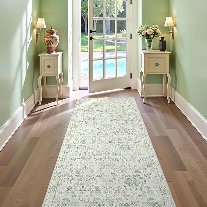 Green 3x7 Runner Rug for Hallways Bed Side Kitchen, Boho Washable Distressed - Image 5