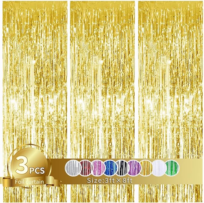3Pcs Gold Metallic Tinsel Foil Fringe Curtains, 3.2ft*8ft Gold Photo Booth by TONIFUL