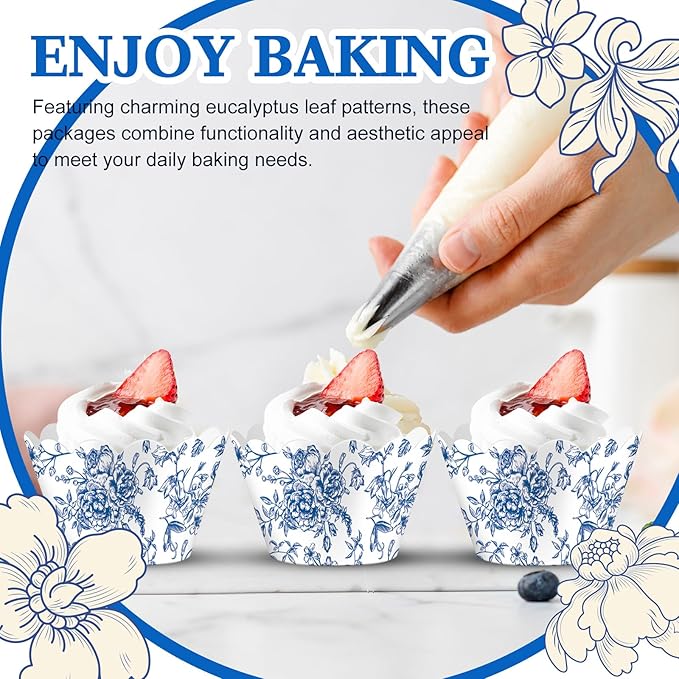 Domensi 100 Pcs Blue Floral Cupcake Wrappers Rustic Cupcake Liners Baking Cups - Image 6