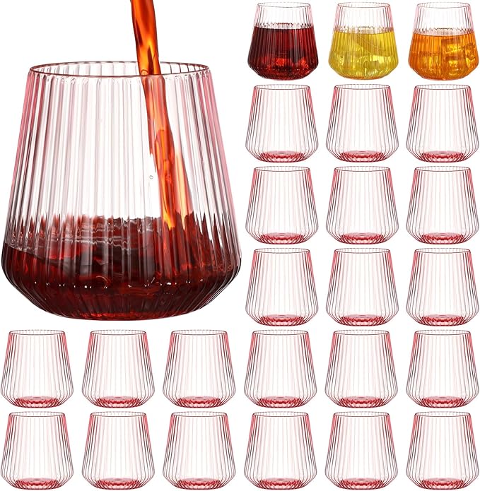 24 Pcs Pink Plastic Wine Glasses Ribbed Disposable Wine Glasses Unbreakable by Unknown