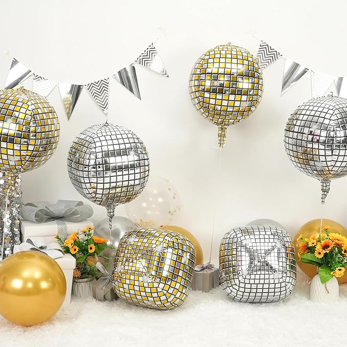Disco Ball Balloons Gold Silve 4PC, Foil Disco Balloons 22 Inch 4D Round - Image 2