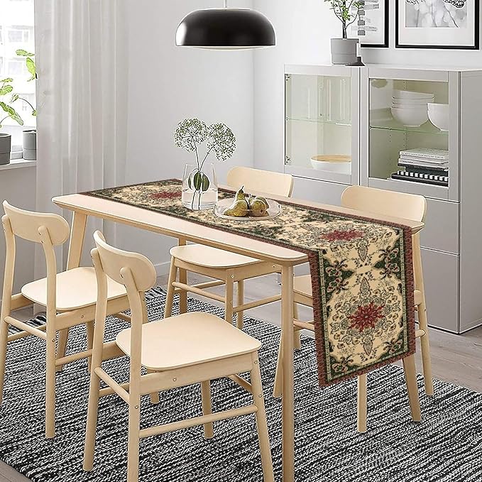 Vintage Paisley Bohemian Table Runner Beige Red Rustic Farmhouse Home Kitchen - Image 3