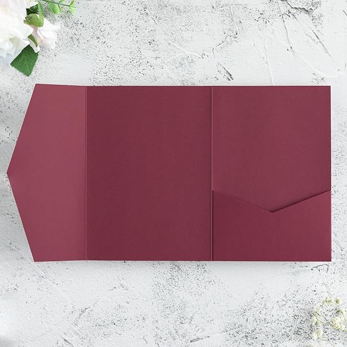 20 PCS Burgundy Tri-fold Laser Cut Wedding Invitation Pockets - Image 2