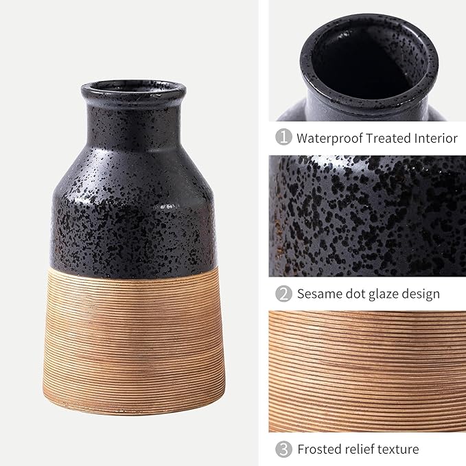 Black and Brown Rustic Farmhouse Floral Ceramic Striped Vase, Modern Antique - Image 5