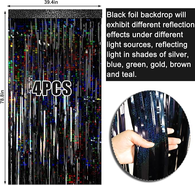4 Packs Black Foil Fringe Curtain, Glitter Metallic Tinsel Backdrop - Image 6