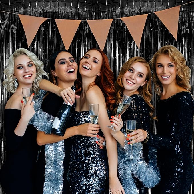 10 Pack Foil Curtain Backdrop Black Metallic Tinsel Foil Fringe Curtains Photo - Image 3